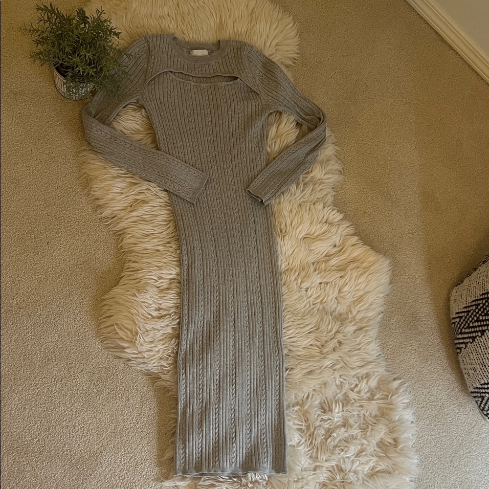 Pink Rose Gray Ribbed Bodycon Sweater Dress Keyhole Cutout XS NWOT